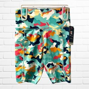 CHAMPION BIKER SHORTS! COLORFUL CAMO DESIGN, WOMENS SMALL, NEW WITH TAGS!